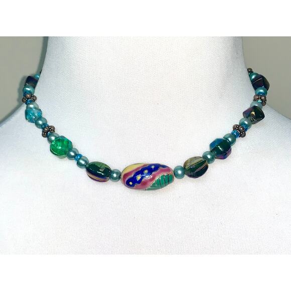 No Brand Jewelry - Boho Colorful Painted Iridescent Glass Beaded Choker Statement Necklace